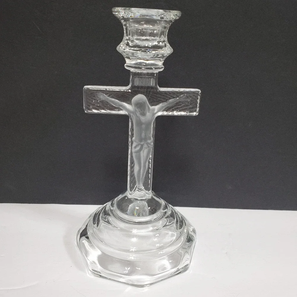 Crucifix Candlestick Holder Religious 7in Clear Frosted Glass v‎